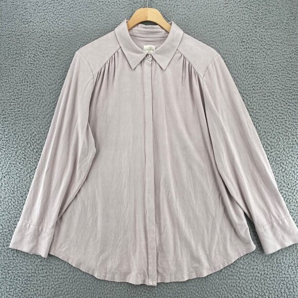 Chicos Top Womens 2 US Large Pink Shimmer Sueded Button Up Collar Long Sleeves - Picture 1 of 10
